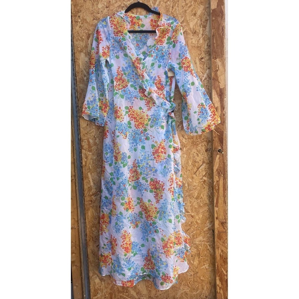 VTG Sears Peignoir Robe Sz 38 Large Sheer Floral Negligee Gown Colorful Rainbow